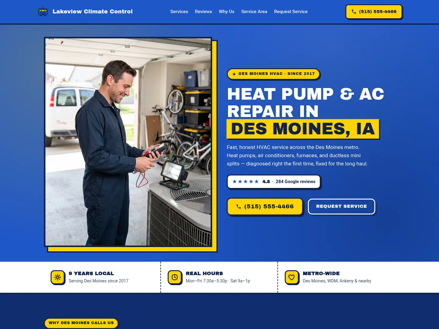 Example HVAC website homepage for Lakeview Climate Control, a made-up business