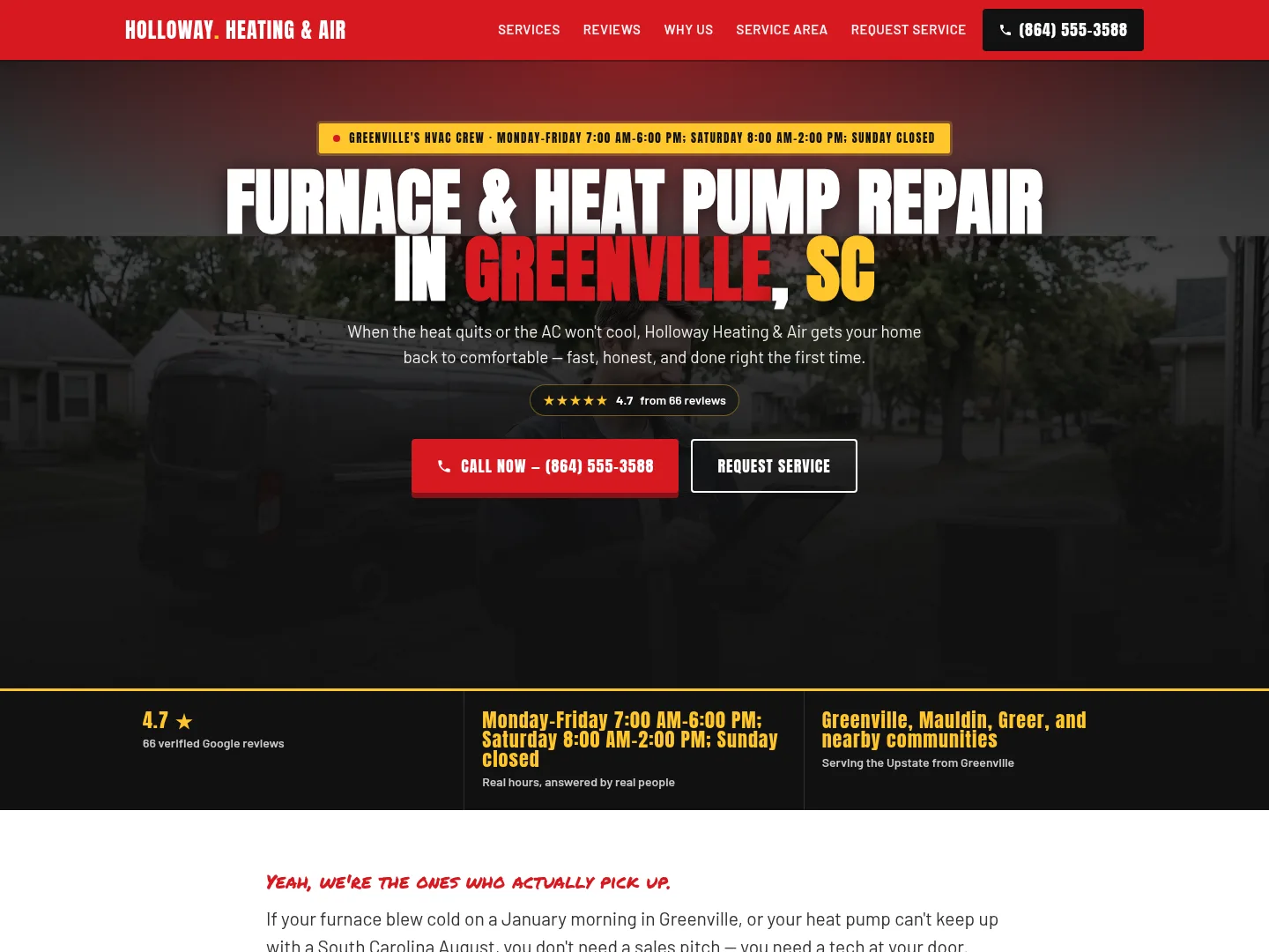 Example HVAC website homepage for Holloway Heating & Air, a made-up business