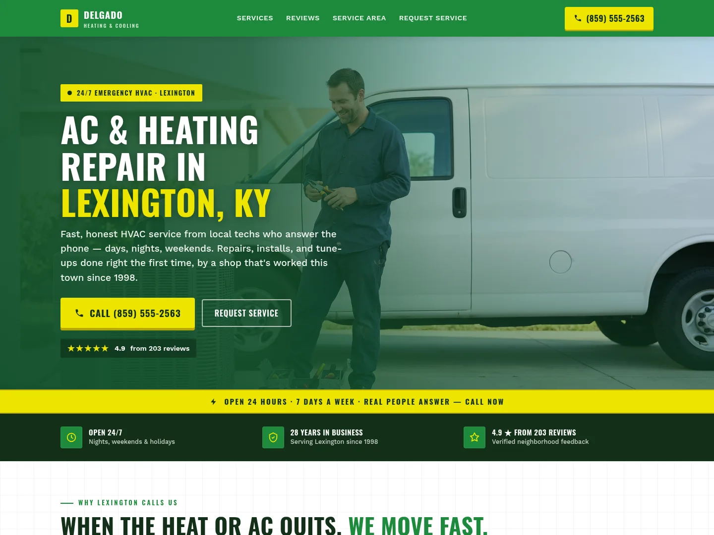 Example HVAC website homepage for Delgado Heating & Cooling, a made-up business