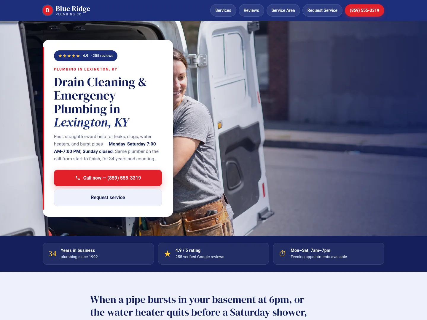 Example plumbing website homepage for Blue Ridge Plumbing Co., a made-up business