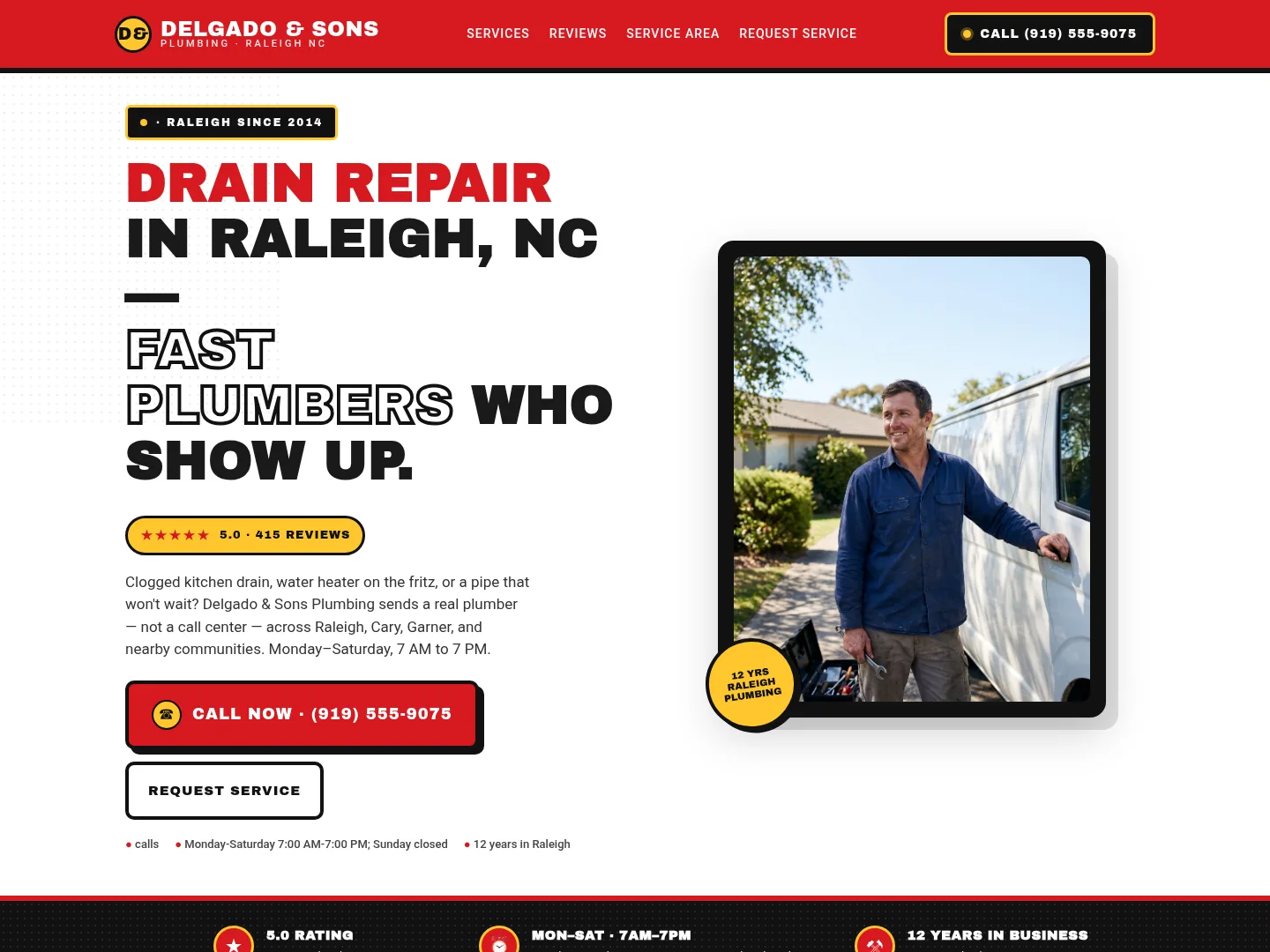 Example plumbing website homepage for Delgado & Sons Plumbing, a made-up business