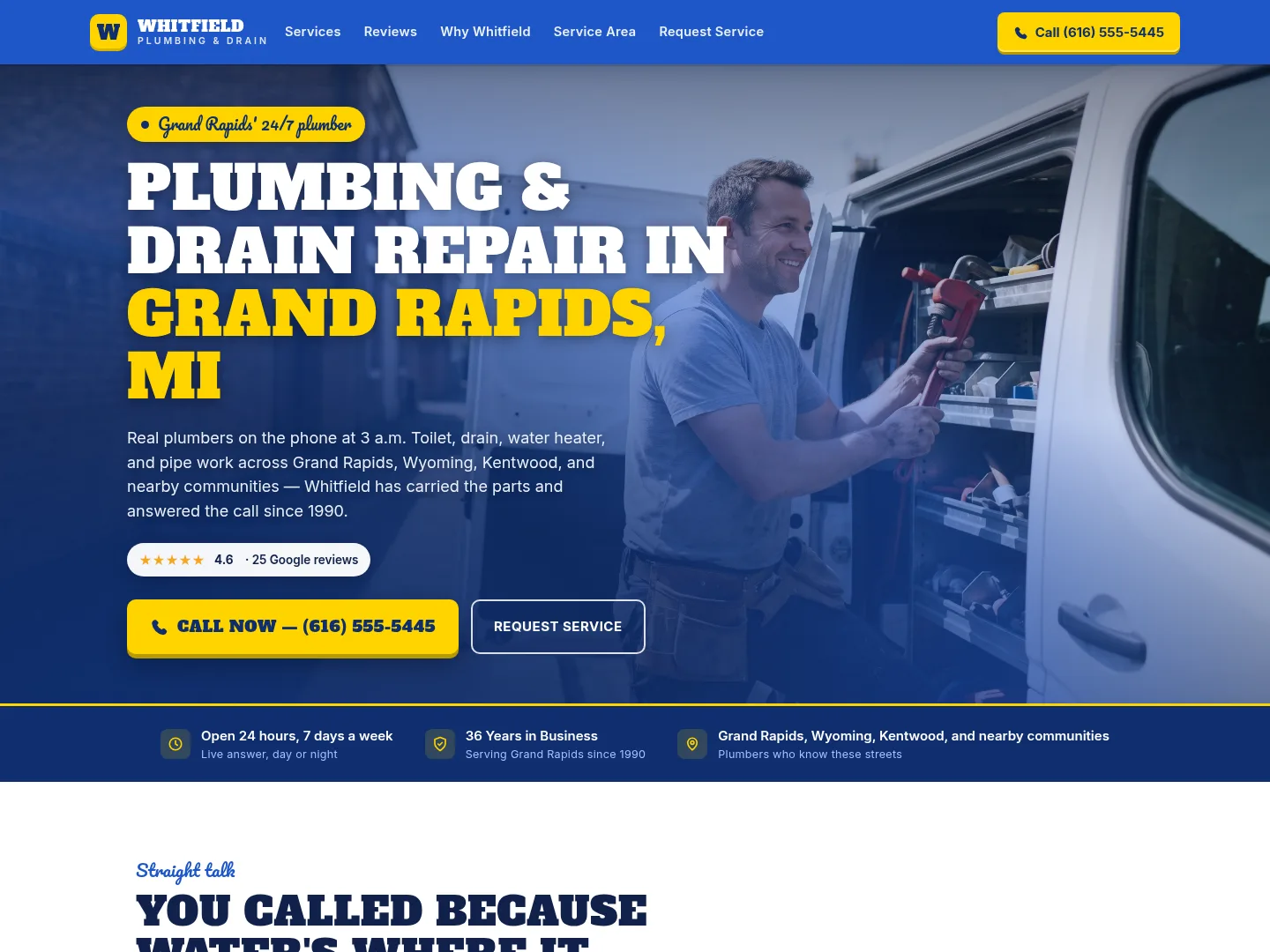 Example plumbing website homepage for Whitfield Plumbing & Drain, a made-up business