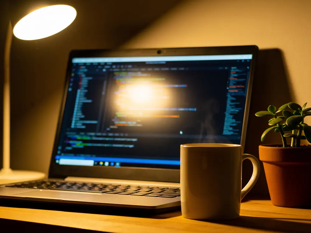A laptop and coffee on a desk at night